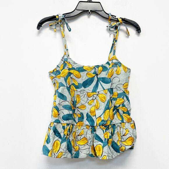 Mine for Anthropologie Blue Yellow Leaf Print Tiered Baby Doll Style Tank Size M - Picture 2 of 5